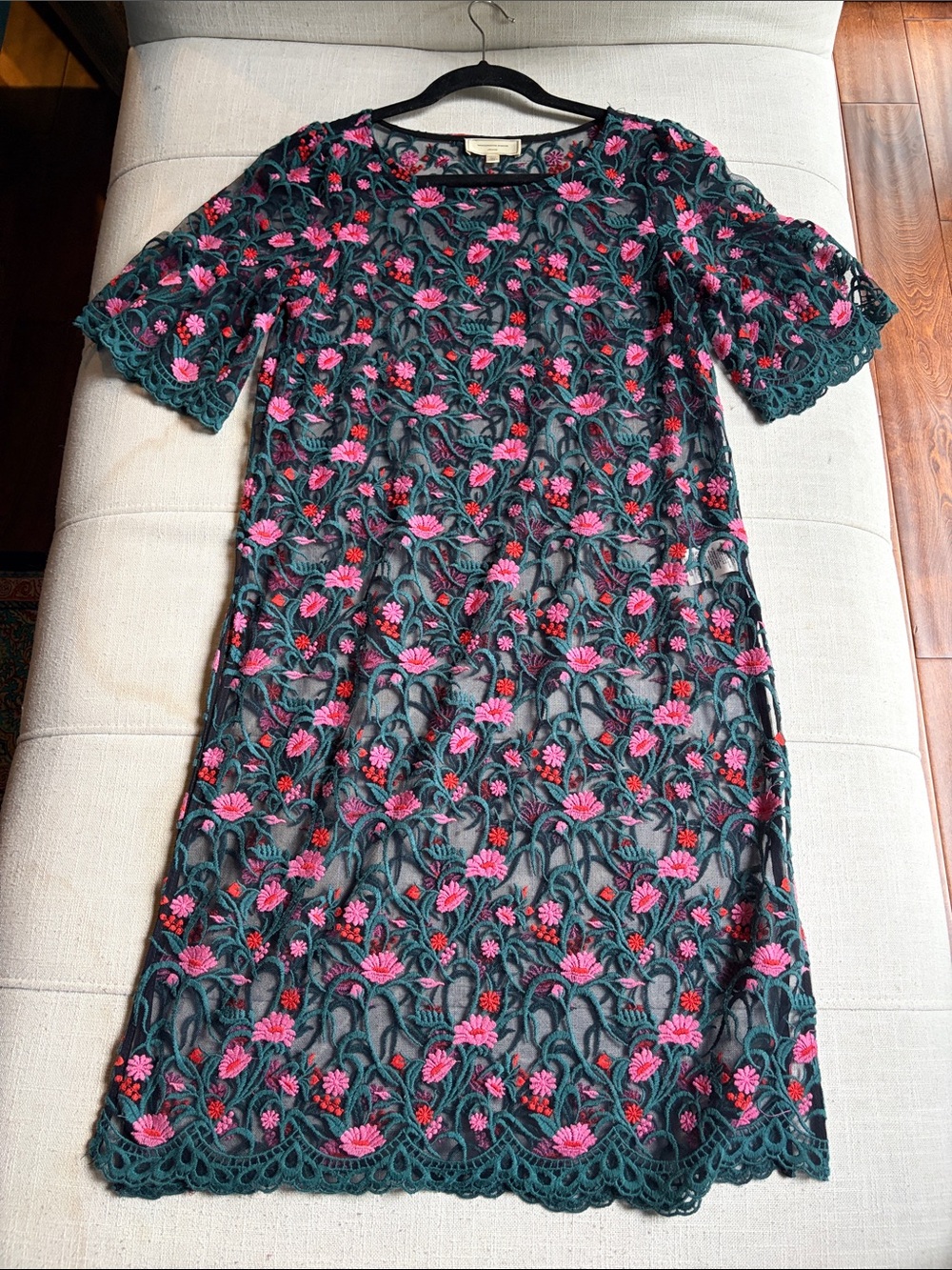 Anthropologie Dark Green Lace Midi Dress with Pink Floral Embroidery